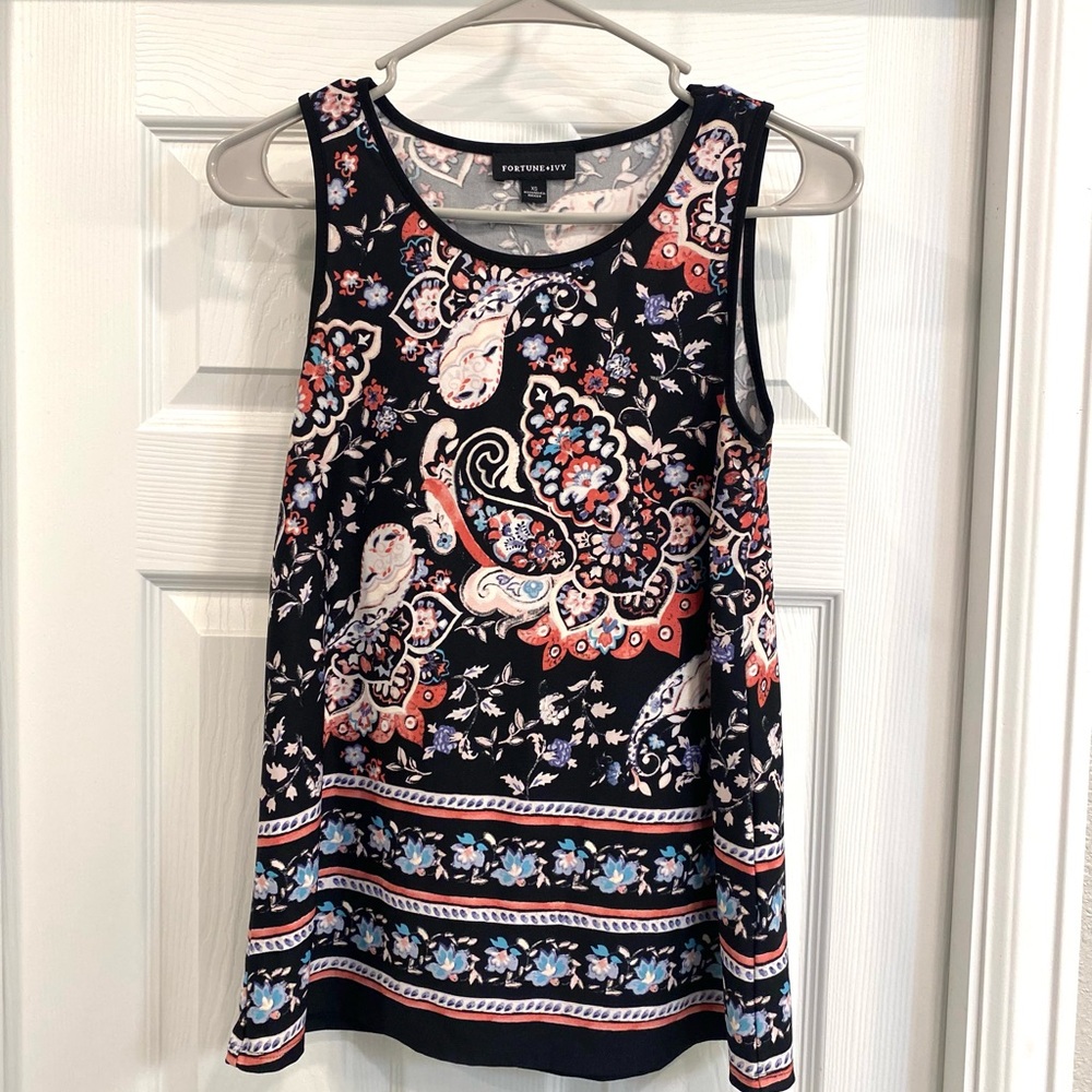 Fortune+Ivy Patterned Sleeveless Top - Black and Red